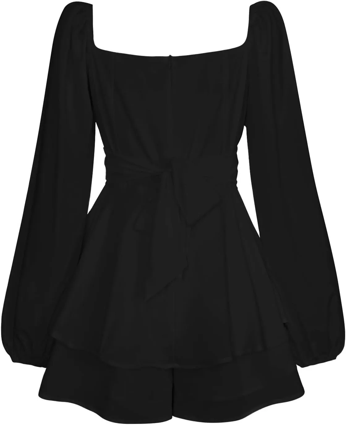 Womens Square Neck Dress Long Lantern Sleeve Tie Backless Ruffle Elastic Waist Above Knee Length Midi Dresses