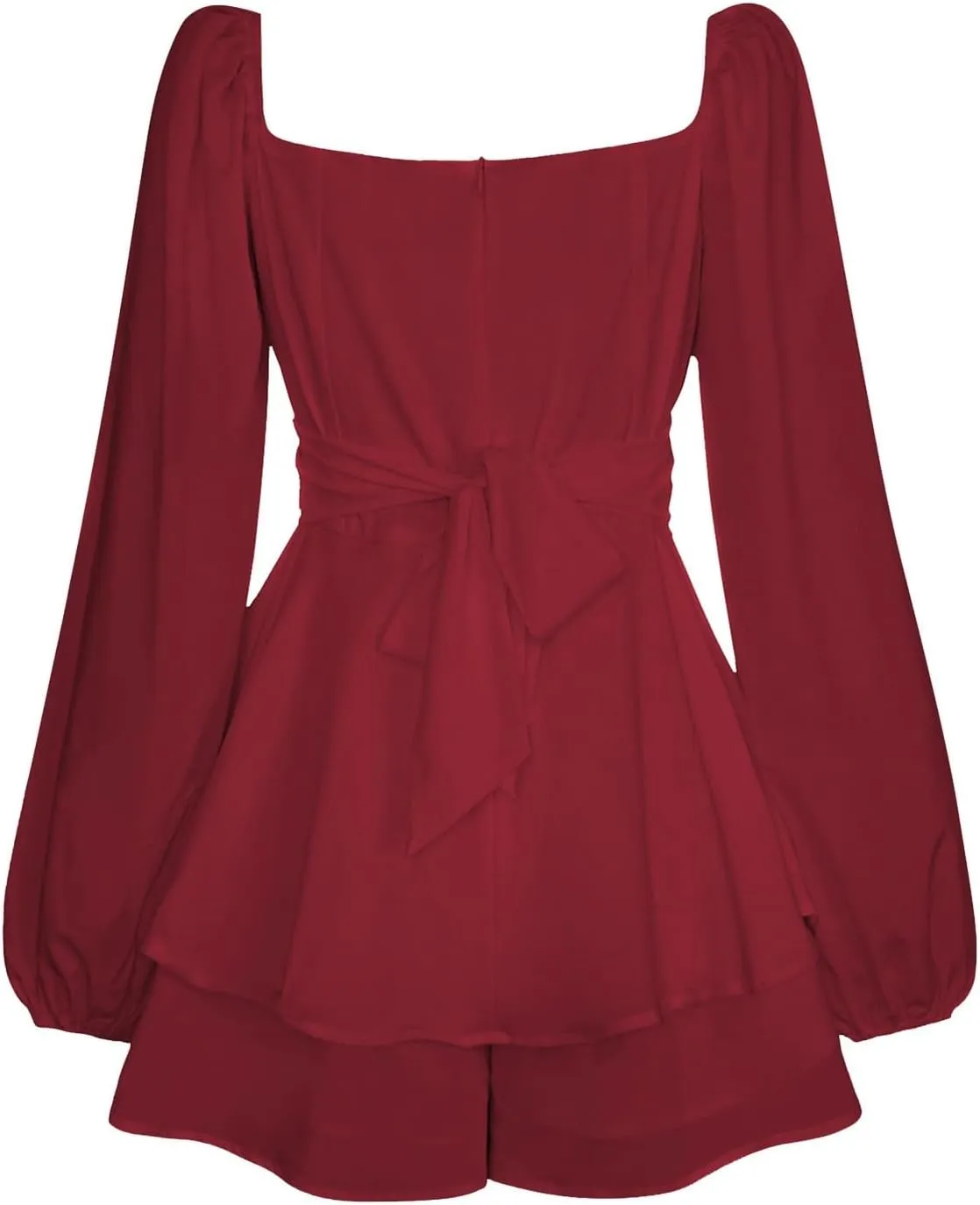 Womens Square Neck Dress Long Lantern Sleeve Tie Backless Ruffle Elastic Waist Above Knee Length Midi Dresses