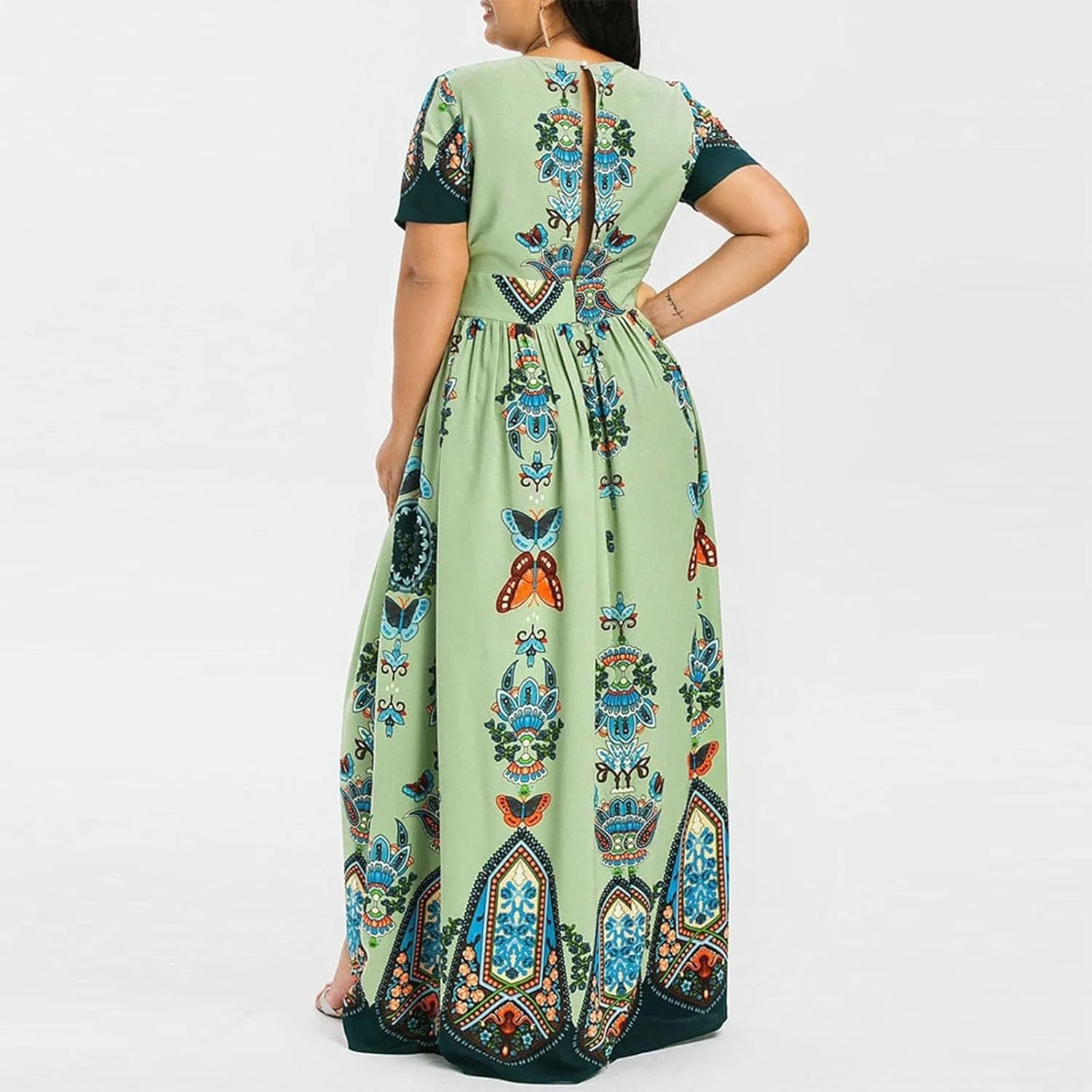 Women's Summer Bohemian Floral Print Split Beach Party Maxi Dress Wrap V Neck Short Sleeve Casual Long Dresses