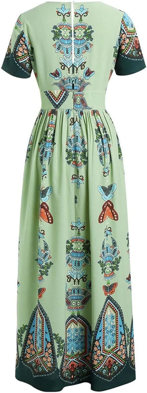 Women's Summer Bohemian Floral Print Split Beach Party Maxi Dress Wrap V Neck Short Sleeve Casual Long Dresses