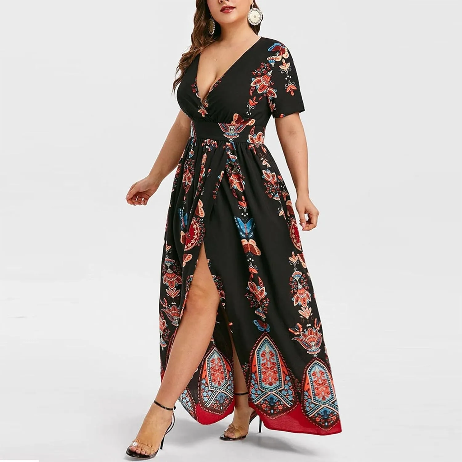 Women's Summer Bohemian Floral Print Split Beach Party Maxi Dress Wrap V Neck Short Sleeve Casual Long Dresses