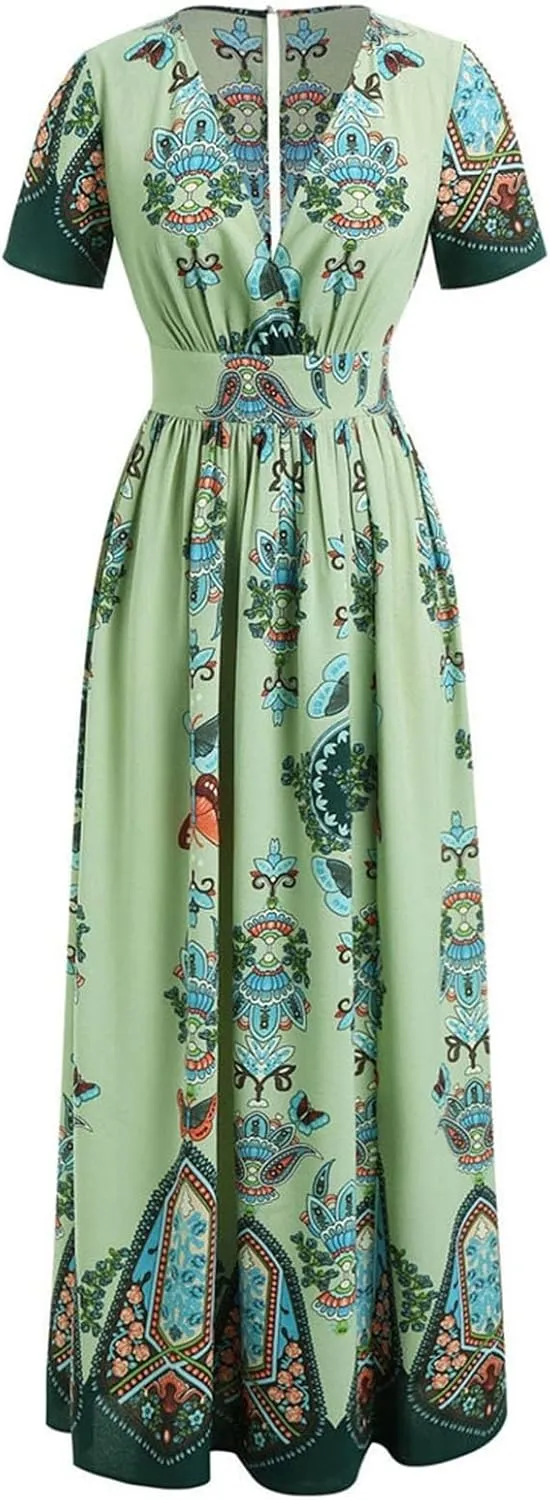 Women's Summer Bohemian Floral Print Split Beach Party Maxi Dress Wrap V Neck Short Sleeve Casual Long Dresses