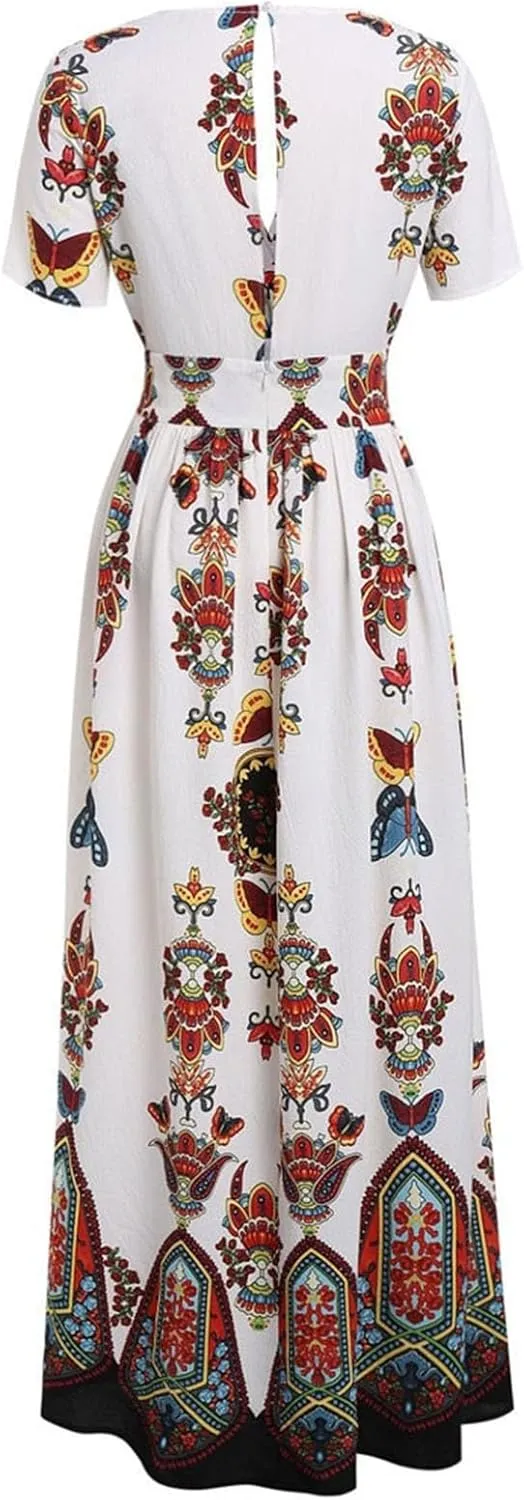 Women's Summer Bohemian Floral Print Split Beach Party Maxi Dress Wrap V Neck Short Sleeve Casual Long Dresses