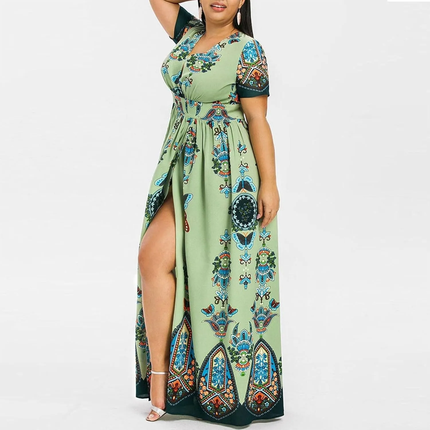 Women's Summer Bohemian Floral Print Split Beach Party Maxi Dress Wrap V Neck Short Sleeve Casual Long Dresses