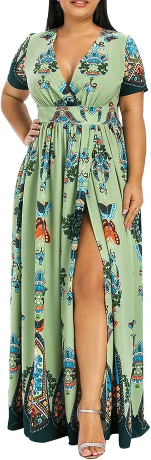 Women's Summer Bohemian Floral Print Split Beach Party Maxi Dress Wrap V Neck Short Sleeve Casual Long Dresses