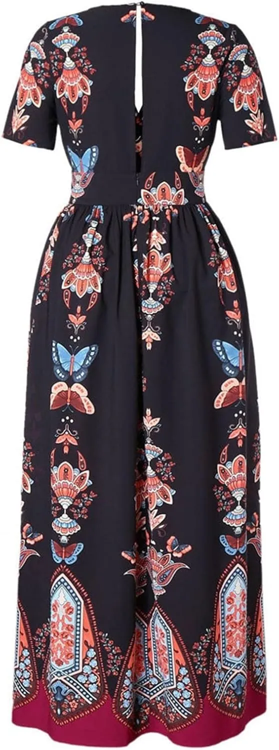 Women's Summer Bohemian Floral Print Split Beach Party Maxi Dress Wrap V Neck Short Sleeve Casual Long Dresses