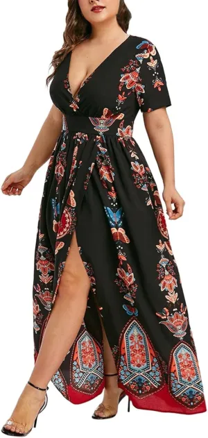 Women's Summer Bohemian Floral Print Split Beach Party Maxi Dress Wrap V Neck Short Sleeve Casual Long Dresses