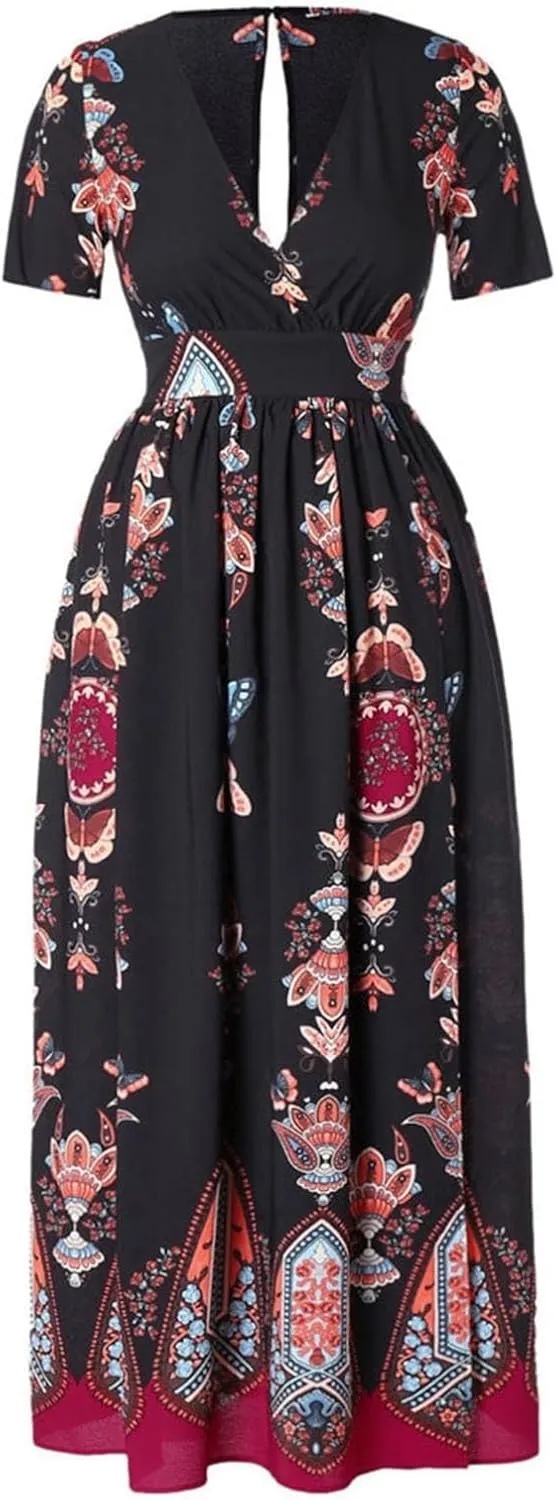 Women's Summer Bohemian Floral Print Split Beach Party Maxi Dress Wrap V Neck Short Sleeve Casual Long Dresses