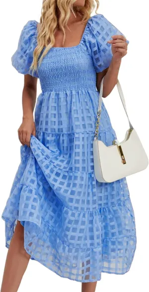 Women's Summer Boho Floral Print Long Dresses Square Neck Ruffle Short Sleeve Swing Beach Maxi Dress for Spring
