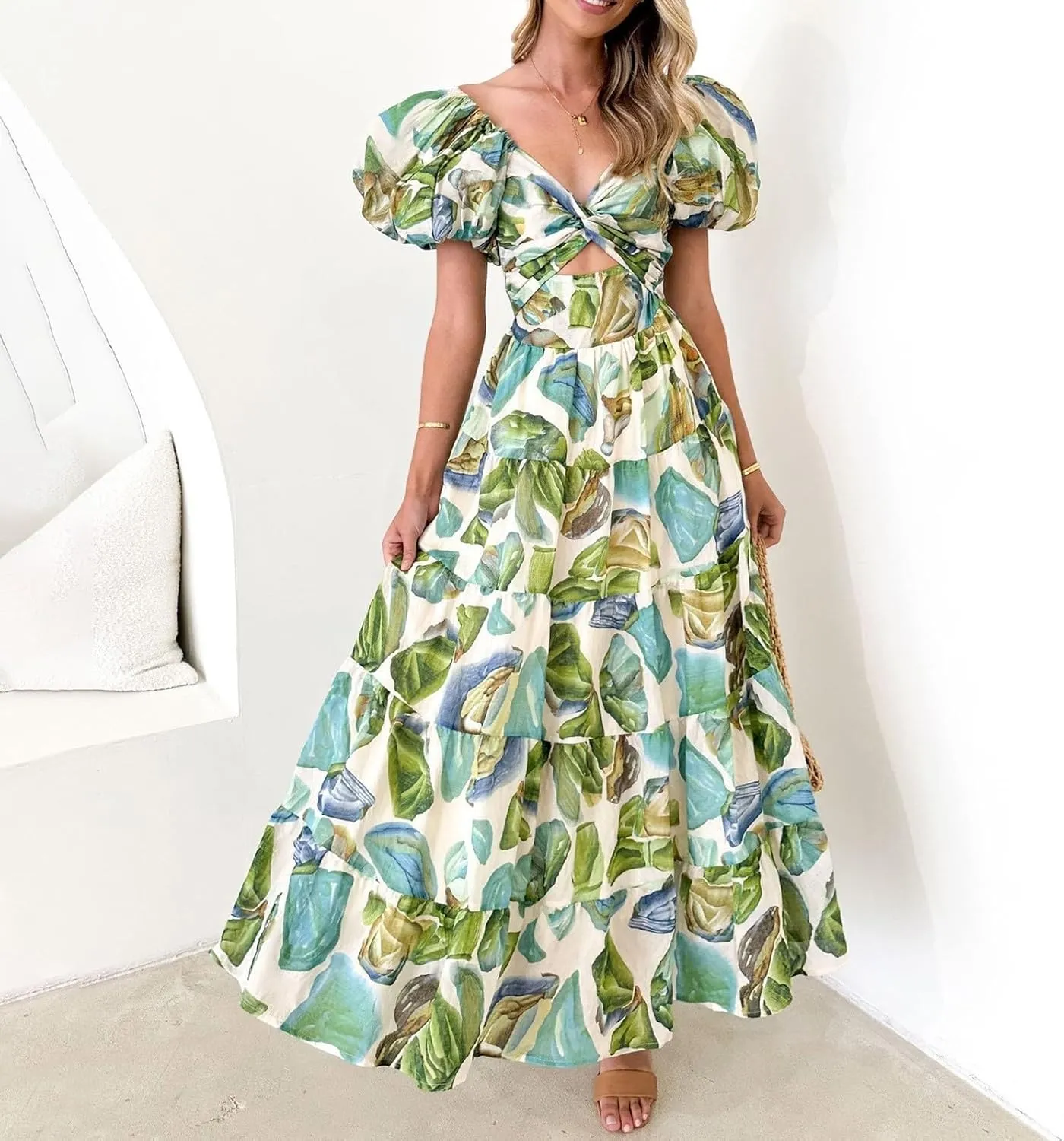 Women's Summer Boho Floral Print Long Dresses Square Neck Ruffle Short Sleeve Swing Beach Maxi Dress for Spring