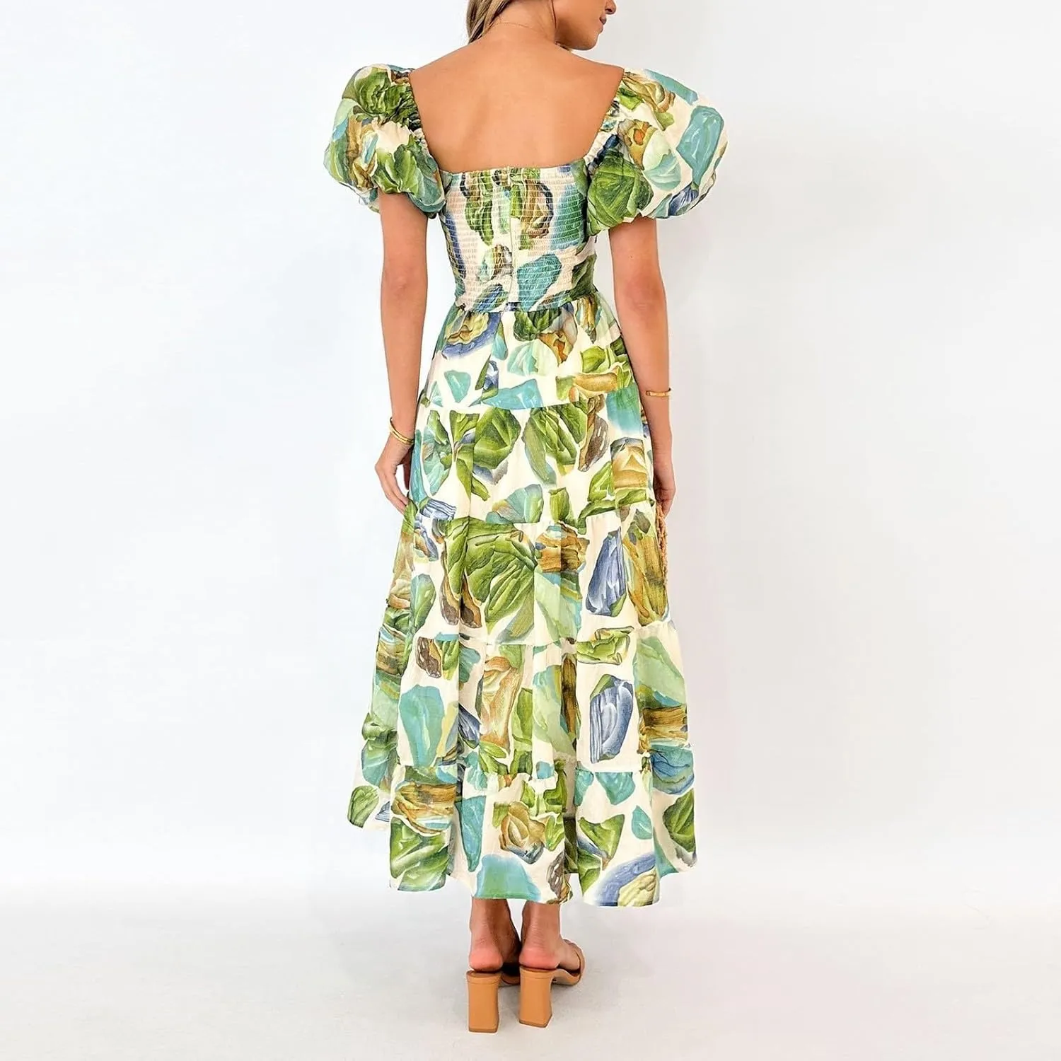 Women's Summer Boho Floral Print Long Dresses Square Neck Ruffle Short Sleeve Swing Beach Maxi Dress for Spring