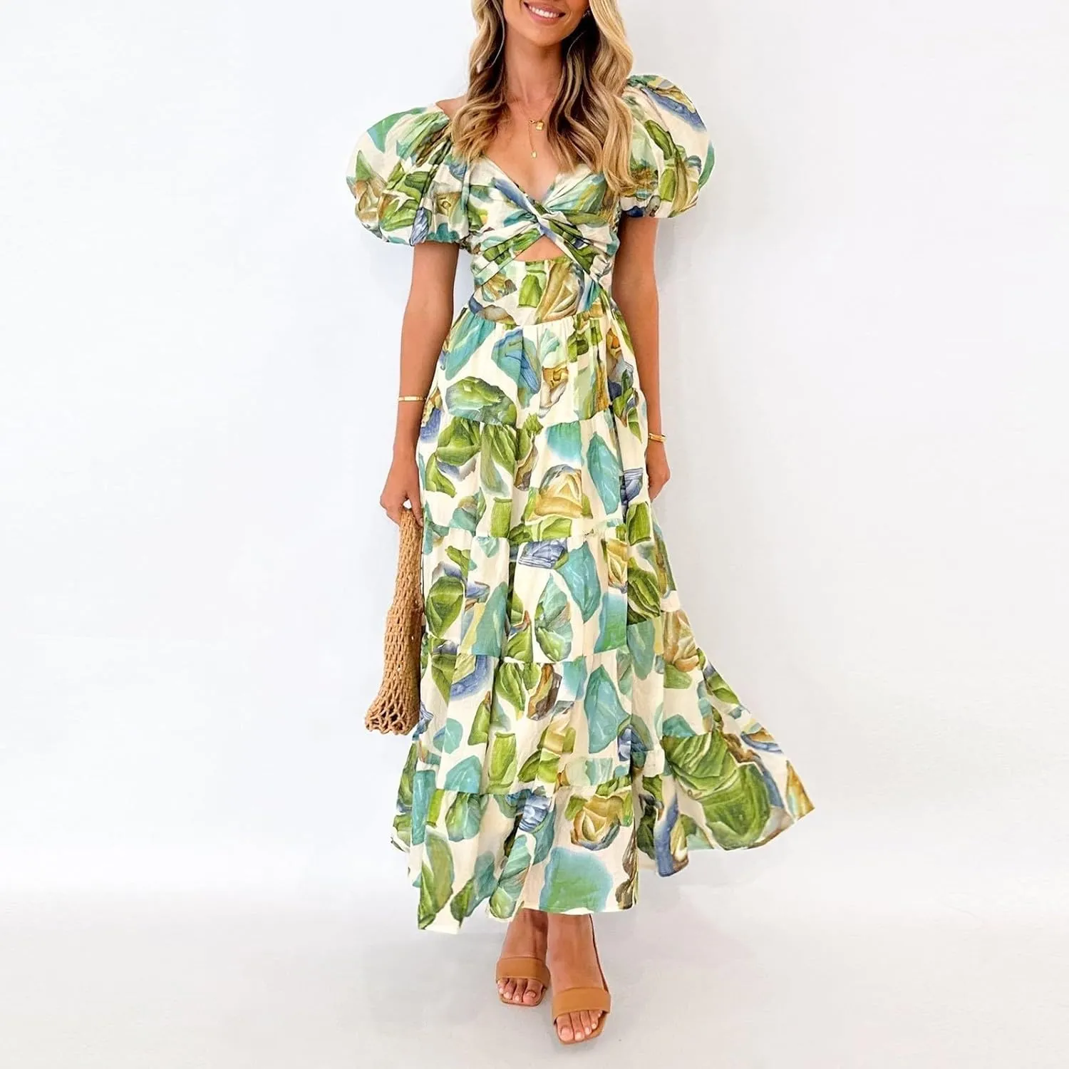 Women's Summer Boho Floral Print Long Dresses Square Neck Ruffle Short Sleeve Swing Beach Maxi Dress for Spring