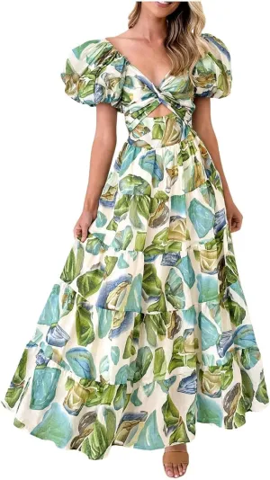 Women's Summer Boho Floral Print Long Dresses Square Neck Ruffle Short Sleeve Swing Beach Maxi Dress for Spring