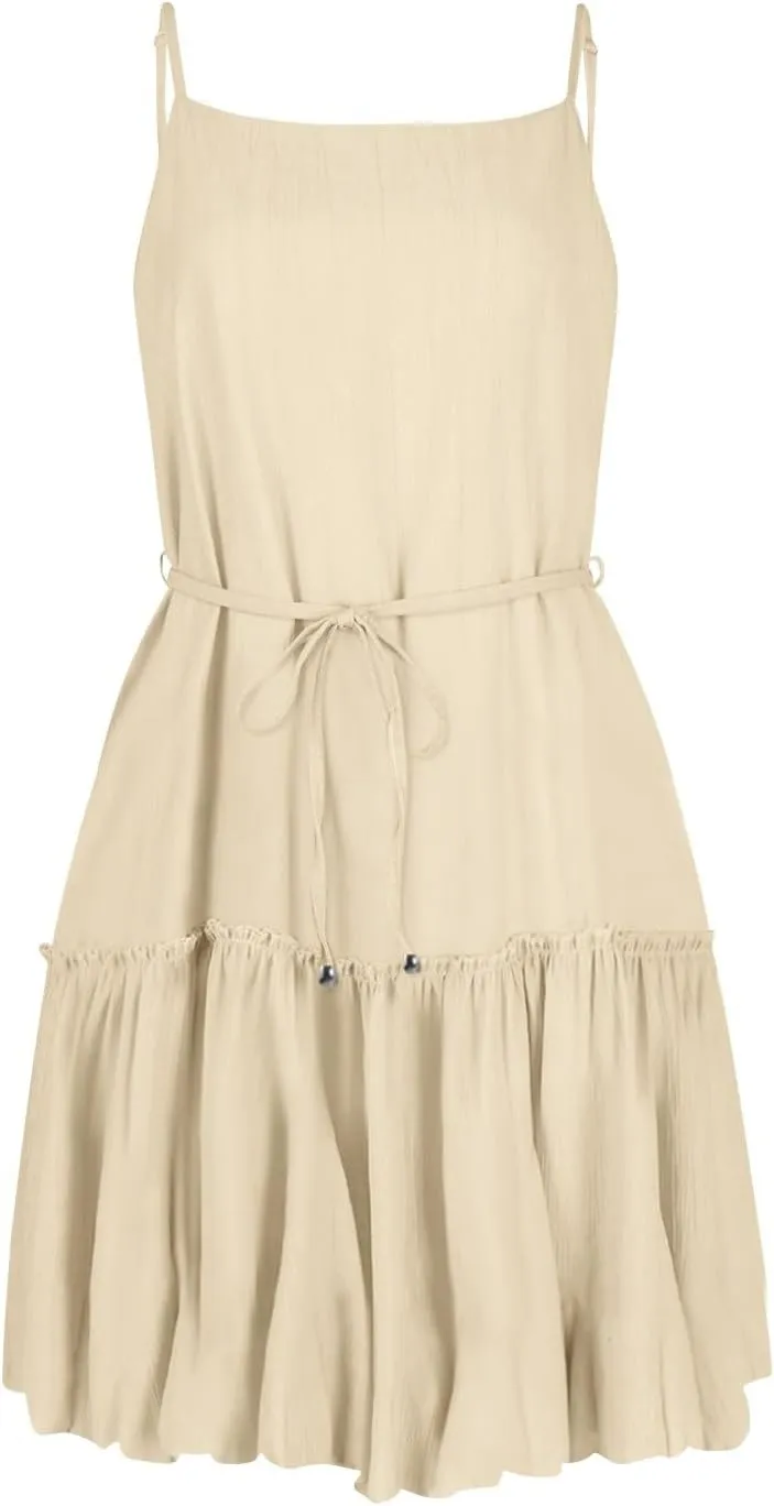 Women's Summer Boho Sleeveless Dress Spaghetti Straps Casual Flowy A Line Beach Party V Neck Ruffle Elegant Dresses