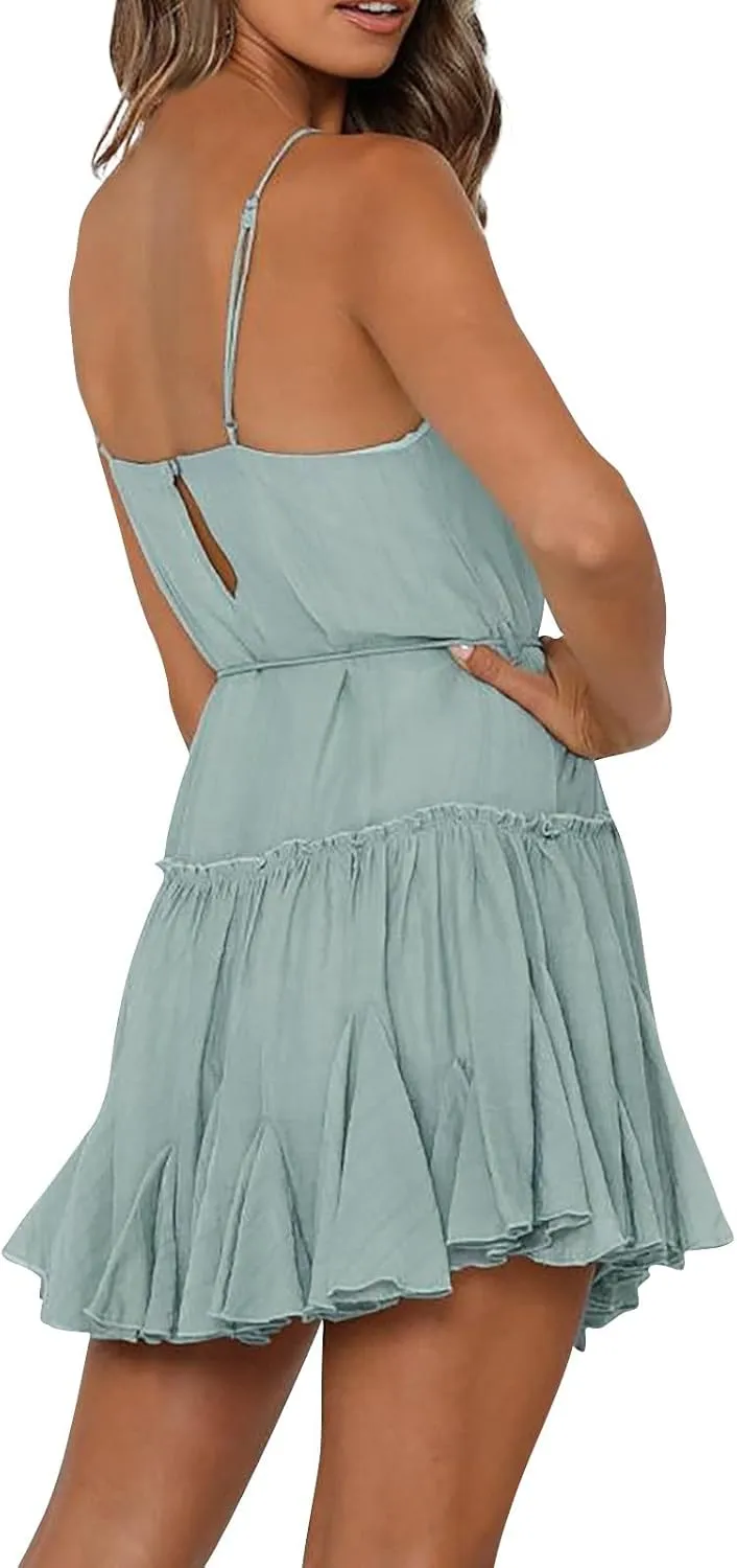 Women's Summer Boho Sleeveless Dress Spaghetti Straps Casual Flowy A Line Beach Party V Neck Ruffle Elegant Dresses