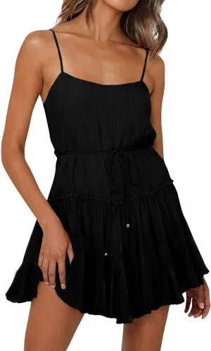 Women's Summer Boho Sleeveless Dress Spaghetti Straps Casual Flowy A Line Beach Party V Neck Ruffle Elegant Dresses