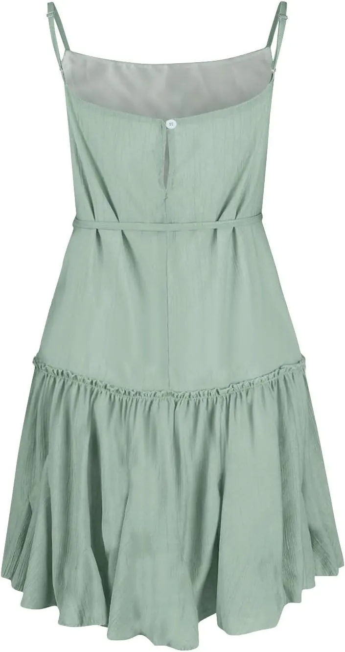 Women's Summer Boho Sleeveless Dress Spaghetti Straps Casual Flowy A Line Beach Party V Neck Ruffle Elegant Dresses