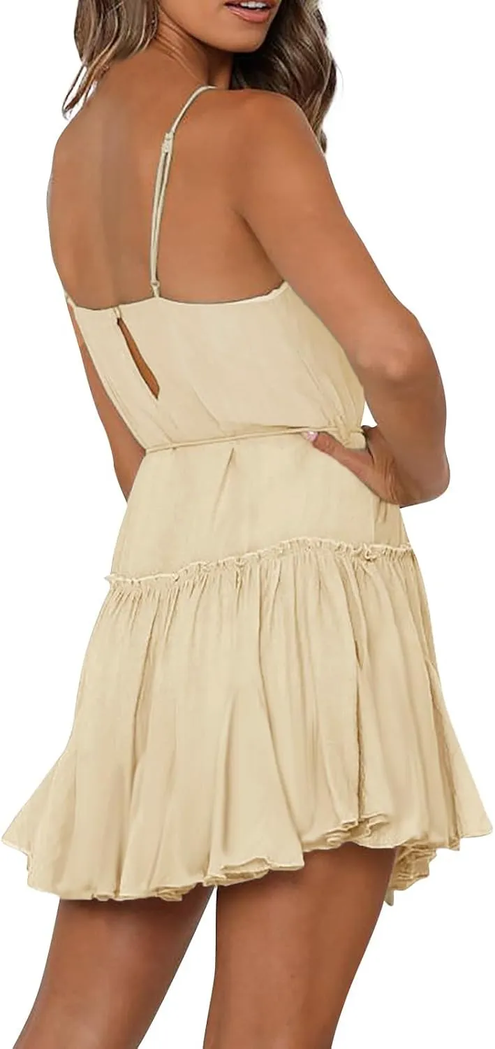 Women's Summer Boho Sleeveless Dress Spaghetti Straps Casual Flowy A Line Beach Party V Neck Ruffle Elegant Dresses