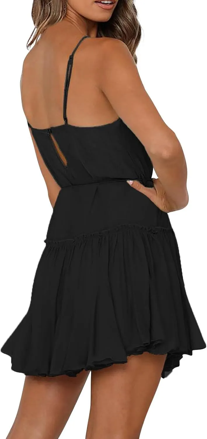 Women's Summer Boho Sleeveless Dress Spaghetti Straps Casual Flowy A Line Beach Party V Neck Ruffle Elegant Dresses