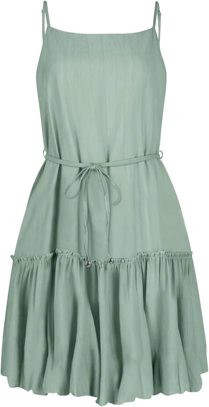 Women's Summer Boho Sleeveless Dress Spaghetti Straps Casual Flowy A Line Beach Party V Neck Ruffle Elegant Dresses
