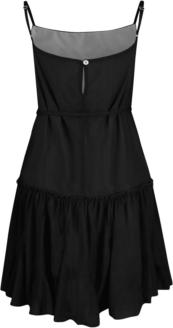 Women's Summer Boho Sleeveless Dress Spaghetti Straps Casual Flowy A Line Beach Party V Neck Ruffle Elegant Dresses