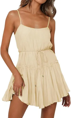 Women's Summer Boho Sleeveless Dress Spaghetti Straps Casual Flowy A Line Beach Party V Neck Ruffle Elegant Dresses