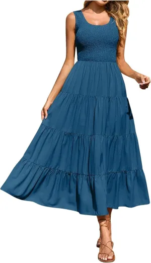 Women's Summer Boho Tiered Casual Flowy Long Maxi Dress Short Sleeve Square Neck Swing Beach Long Maxi Dresses
