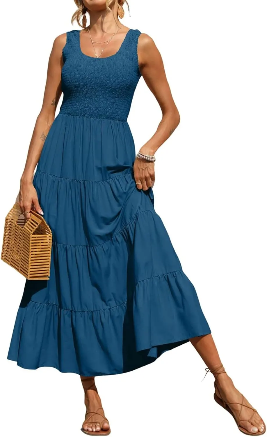 Women's Summer Boho Tiered Casual Flowy Long Maxi Dress Short Sleeve Square Neck Swing Beach Long Maxi Dresses