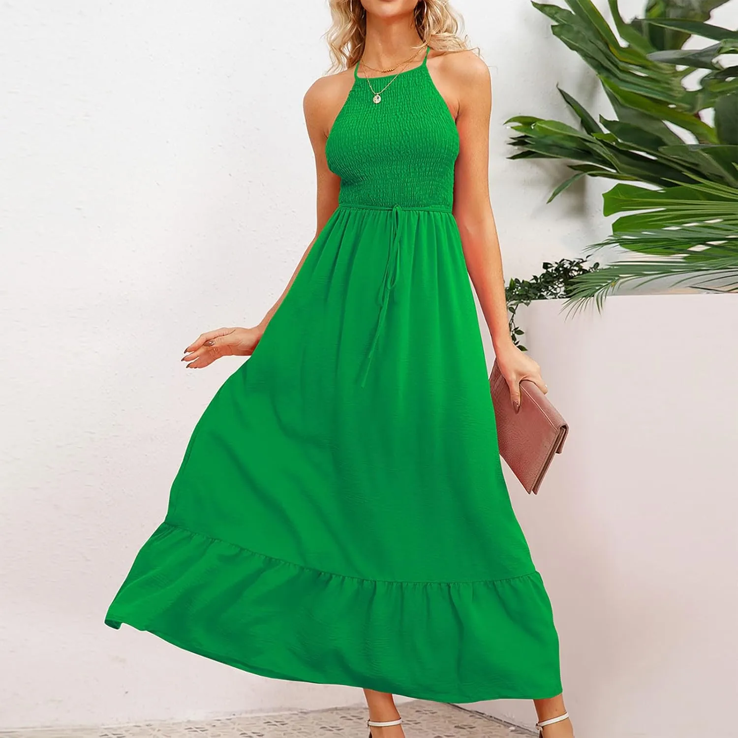 Women's Summer Boho Tiered Casual Flowy Long Maxi Dress Short Sleeve Square Neck Swing Beach Long Maxi Dresses