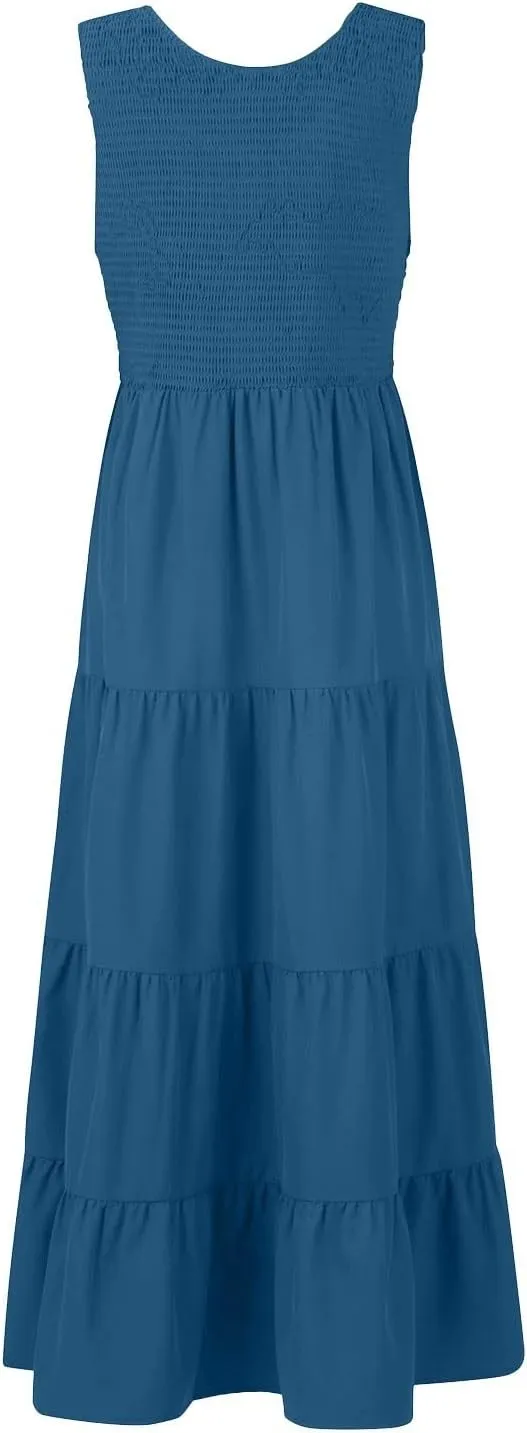 Women's Summer Boho Tiered Casual Flowy Long Maxi Dress Short Sleeve Square Neck Swing Beach Long Maxi Dresses