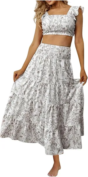 Women's Summer Casual 2 Piece Skirt Set Floral Flowy Sleeveless Cropped Tank Tops and Tiered Ruffle Maxi Skirt Set