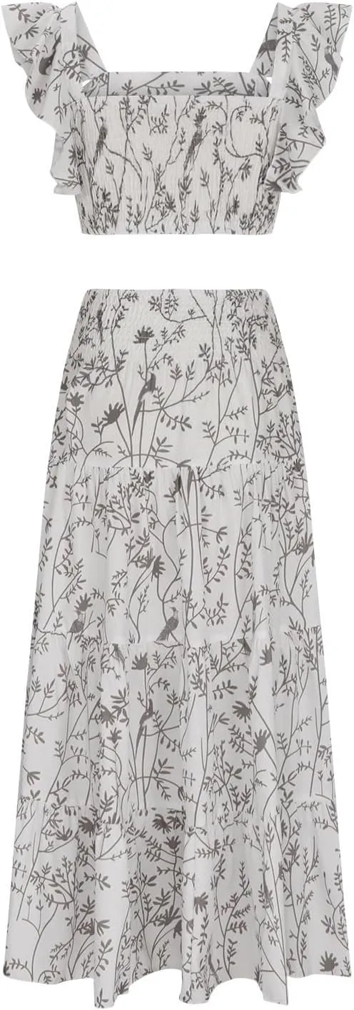 Women's Summer Casual 2 Piece Skirt Set Floral Flowy Sleeveless Cropped Tank Tops and Tiered Ruffle Maxi Skirt Set
