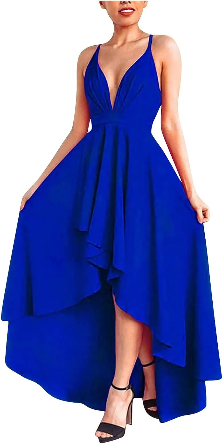 Women's Summer Casual Boho Long Dresses Spaghetti Strap Deep V Neck Flowy Sexy Backless Bandage Banquet Dresses