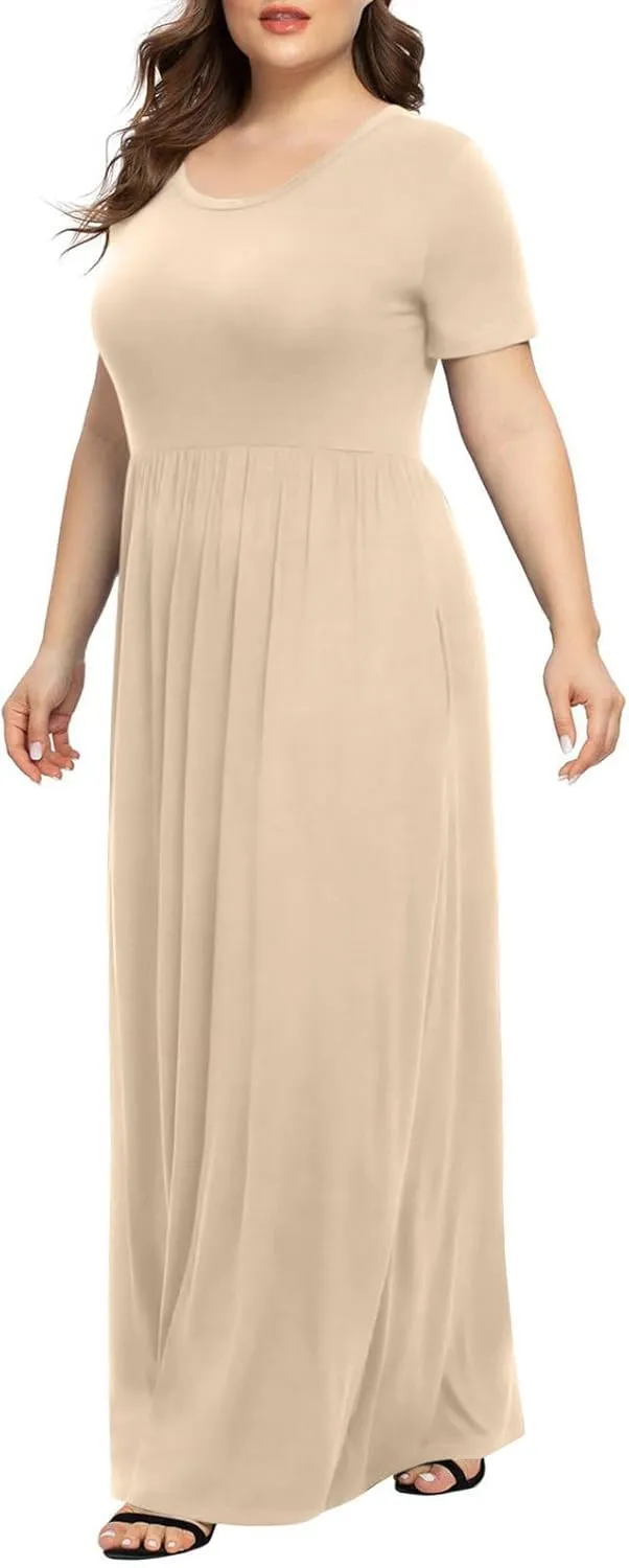 Women's Summer Casual Long Maxi Dress Short Sleeve Crew Neck Loose Dresses Fashion High Waist Beach Vacation Sundress