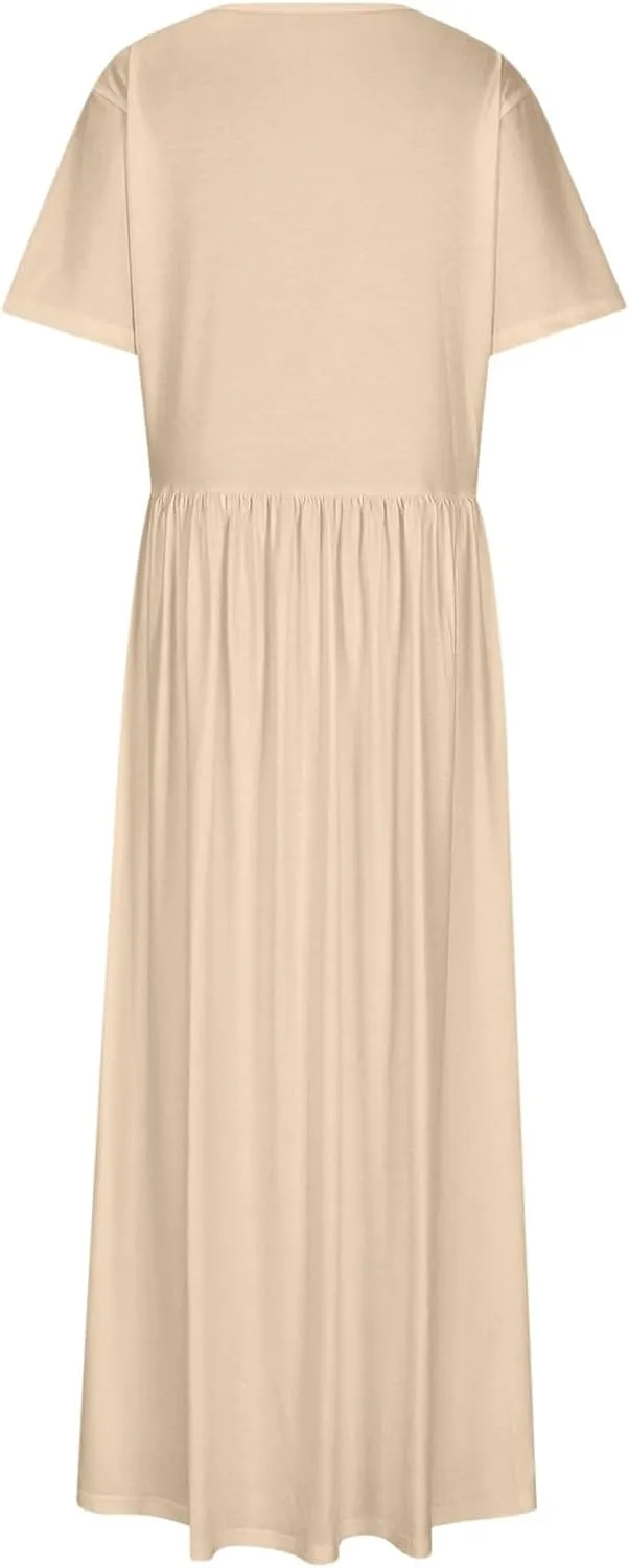 Women's Summer Casual Long Maxi Dress Short Sleeve Crew Neck Loose Dresses Fashion High Waist Beach Vacation Sundress