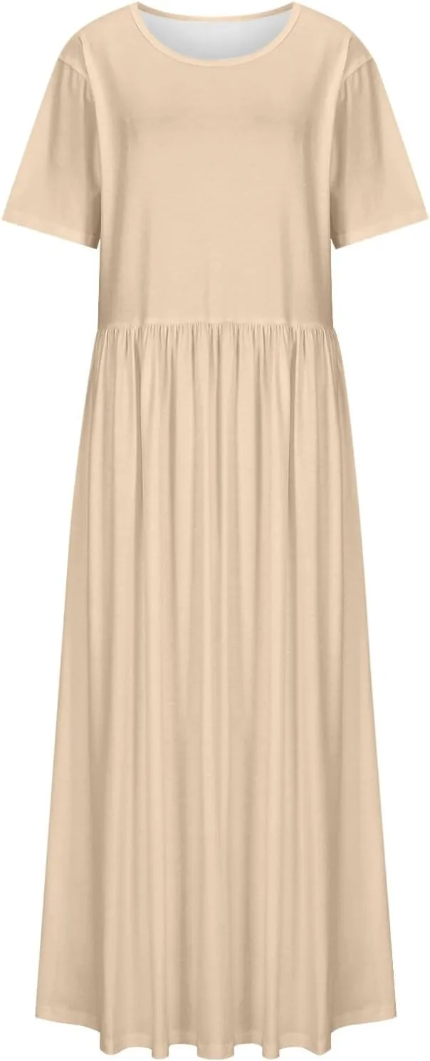 Women's Summer Casual Long Maxi Dress Short Sleeve Crew Neck Loose Dresses Fashion High Waist Beach Vacation Sundress