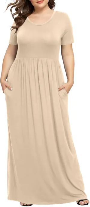 Women's Summer Casual Long Maxi Dress Short Sleeve Crew Neck Loose Dresses Fashion High Waist Beach Vacation Sundress