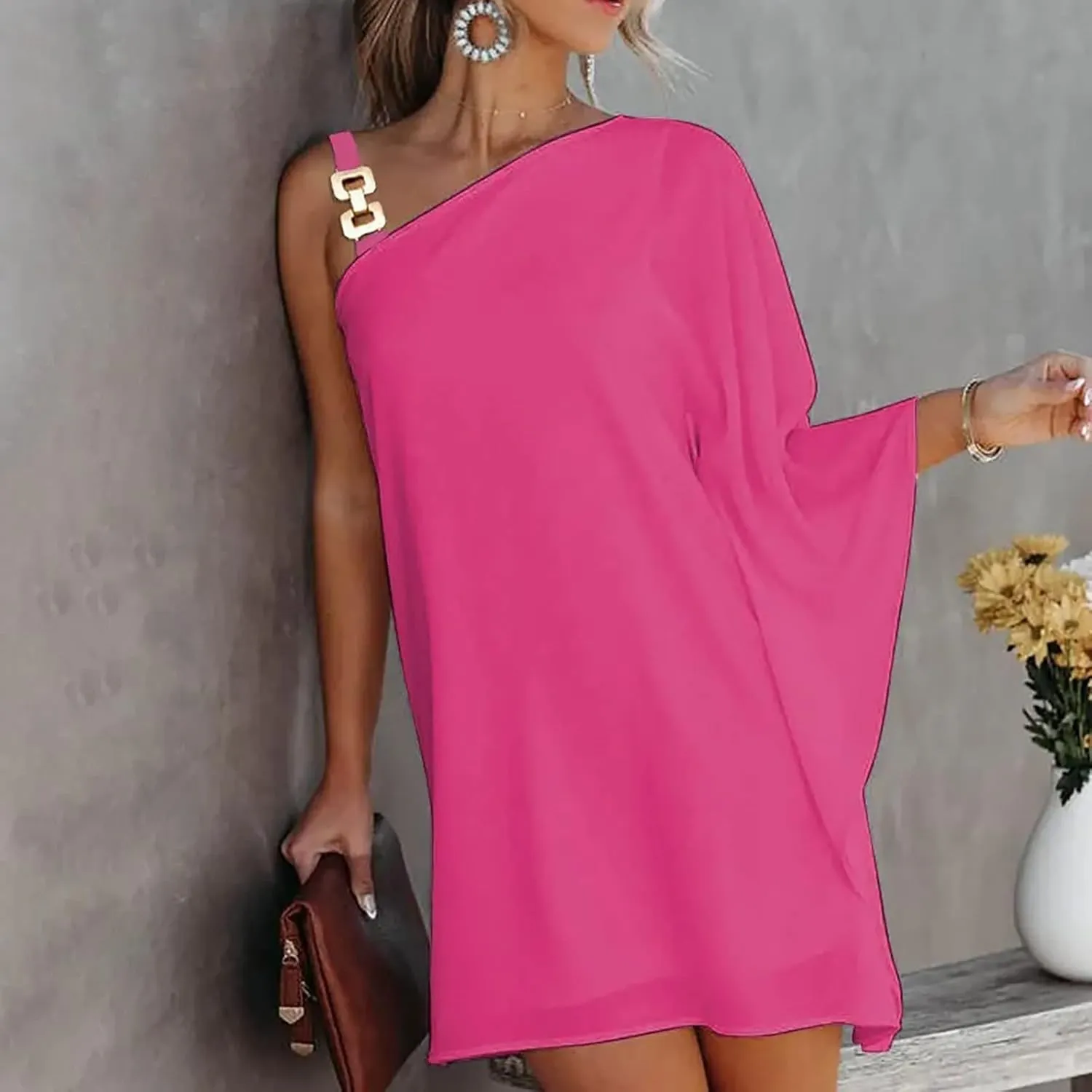 Women's Summer Club Party Cocktail Dresses Casual One Shoulder Batwing Sleeve Elegant Club Vacation Tunic Dress