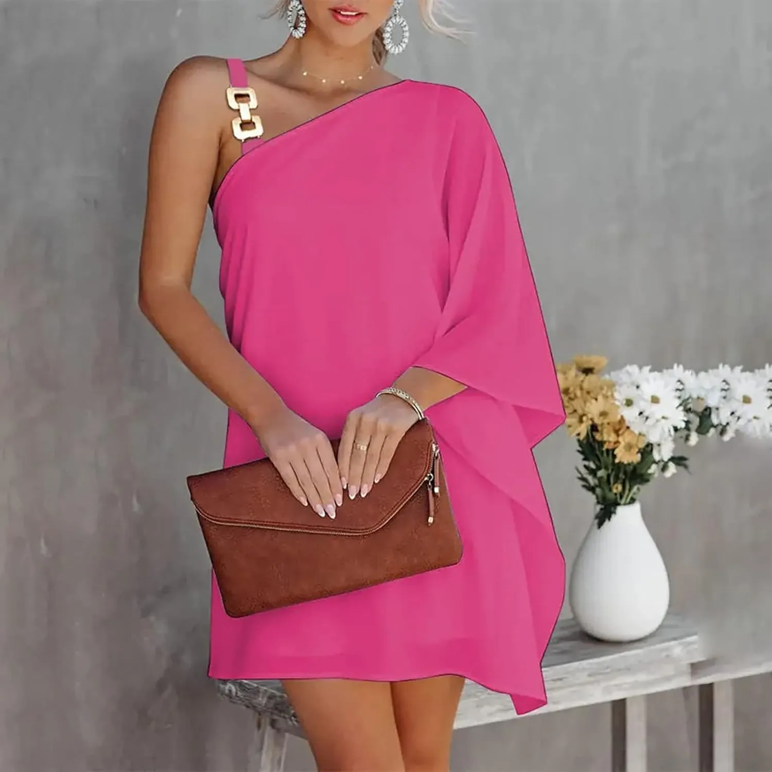Women's Summer Club Party Cocktail Dresses Casual One Shoulder Batwing Sleeve Elegant Club Vacation Tunic Dress