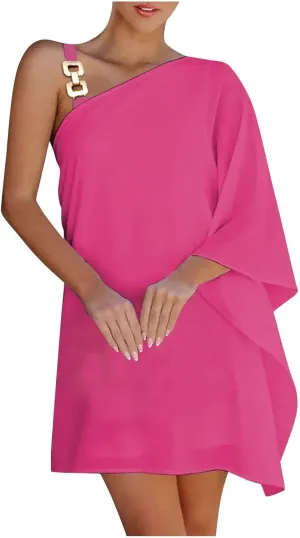 Women's Summer Club Party Cocktail Dresses Casual One Shoulder Batwing Sleeve Elegant Club Vacation Tunic Dress