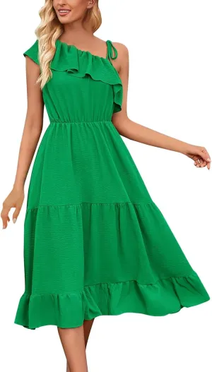 Women's Summer Dress One Shoulder Ruffle Sleeveless Empire Waist Wedding Guest Dresses Ruched A Line Flowy Sundresses