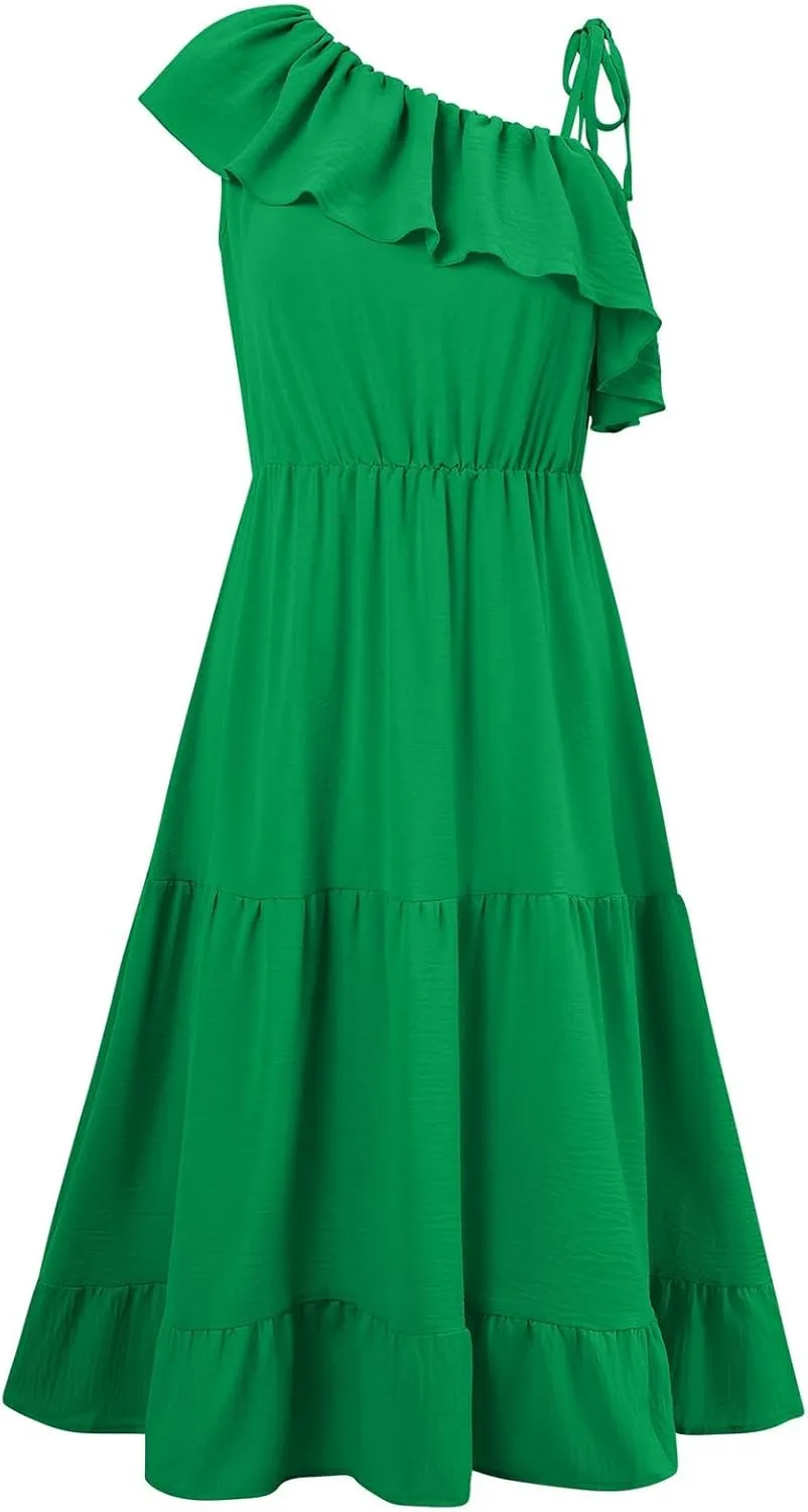 Women's Summer Dress One Shoulder Ruffle Sleeveless Empire Waist Wedding Guest Dresses Ruched A Line Flowy Sundresses