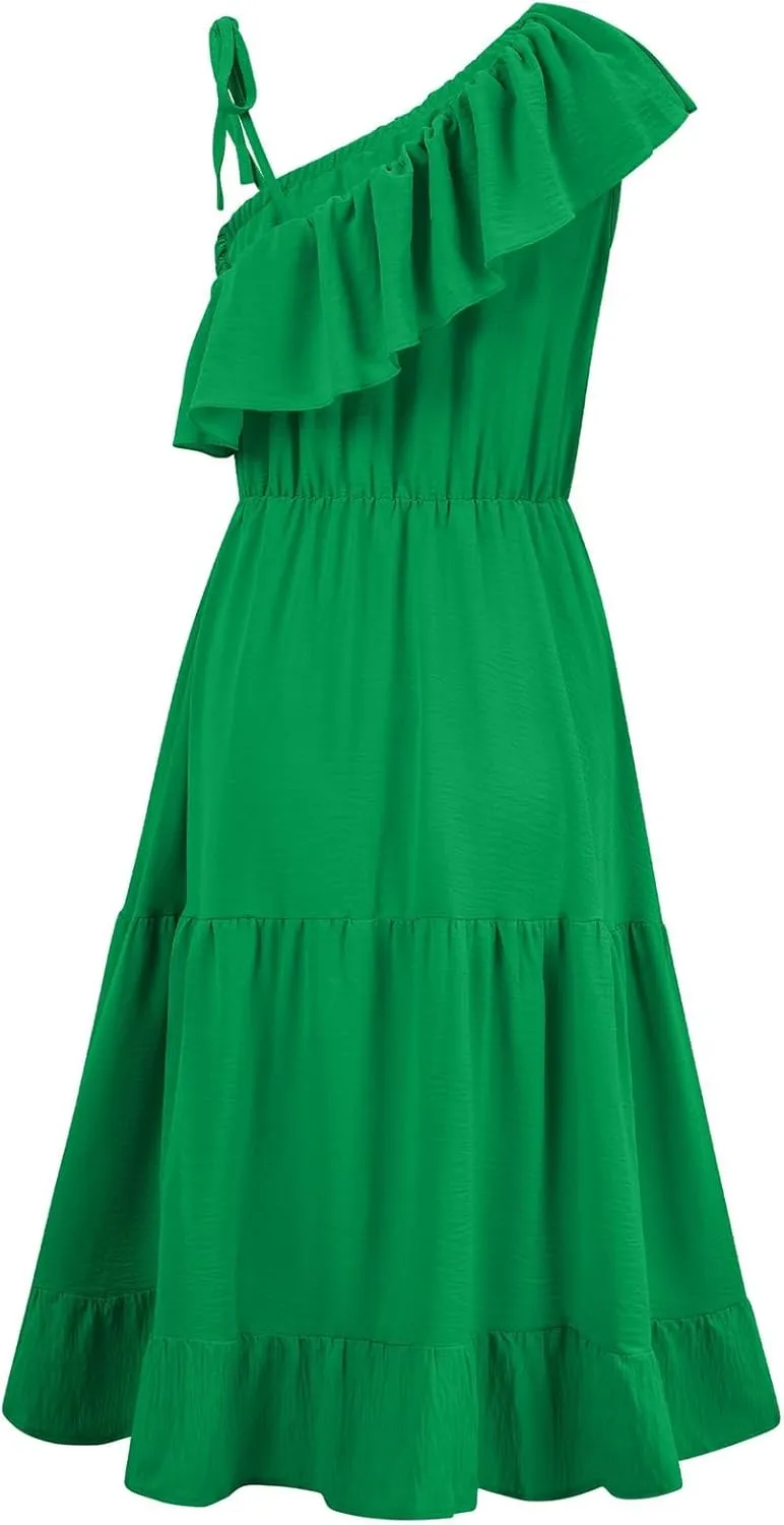 Women's Summer Dress One Shoulder Ruffle Sleeveless Empire Waist Wedding Guest Dresses Ruched A Line Flowy Sundresses