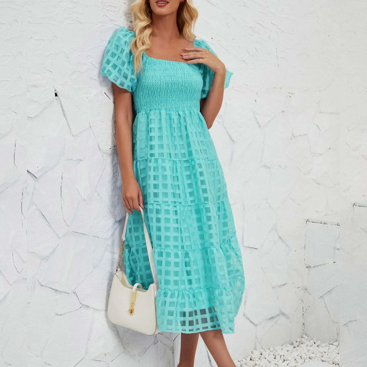 Women's Summer Dresses 2024 Puff Sleeve Plaid Square Neck High Waist Smocked Dress Loose Fit A-Line Flowy Midi Dress