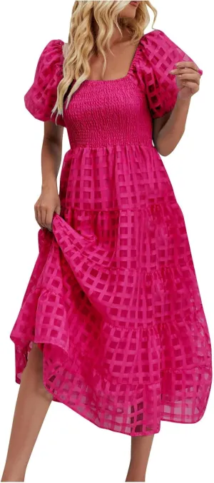 Women's Summer Dresses 2024 Puff Sleeve Plaid Square Neck High Waist Smocked Dress Loose Fit A-Line Flowy Midi Dress