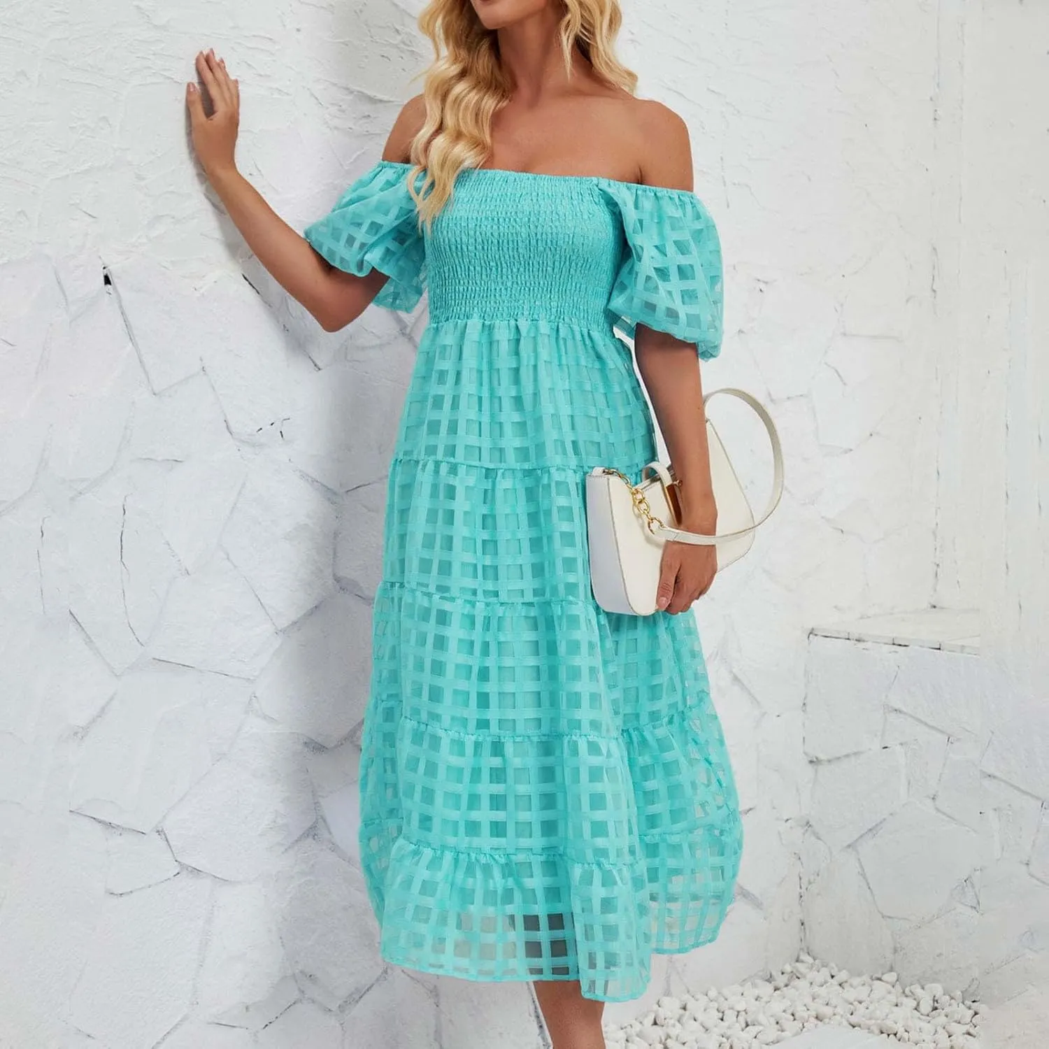 Women's Summer Dresses 2024 Puff Sleeve Plaid Square Neck High Waist Smocked Dress Loose Fit A-Line Flowy Midi Dress