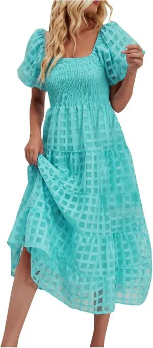Women's Summer Dresses 2024 Puff Sleeve Plaid Square Neck High Waist Smocked Dress Loose Fit A-Line Flowy Midi Dress