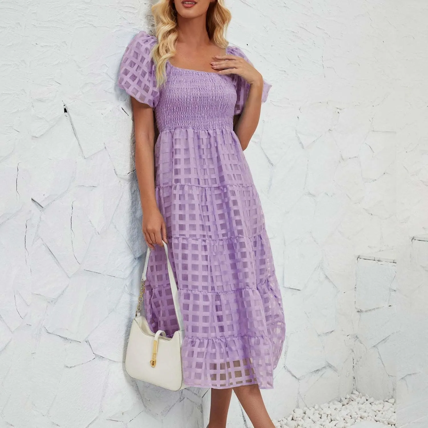 Women's Summer Dresses 2024 Puff Sleeve Plaid Square Neck High Waist Smocked Dress Loose Fit A-Line Flowy Midi Dress
