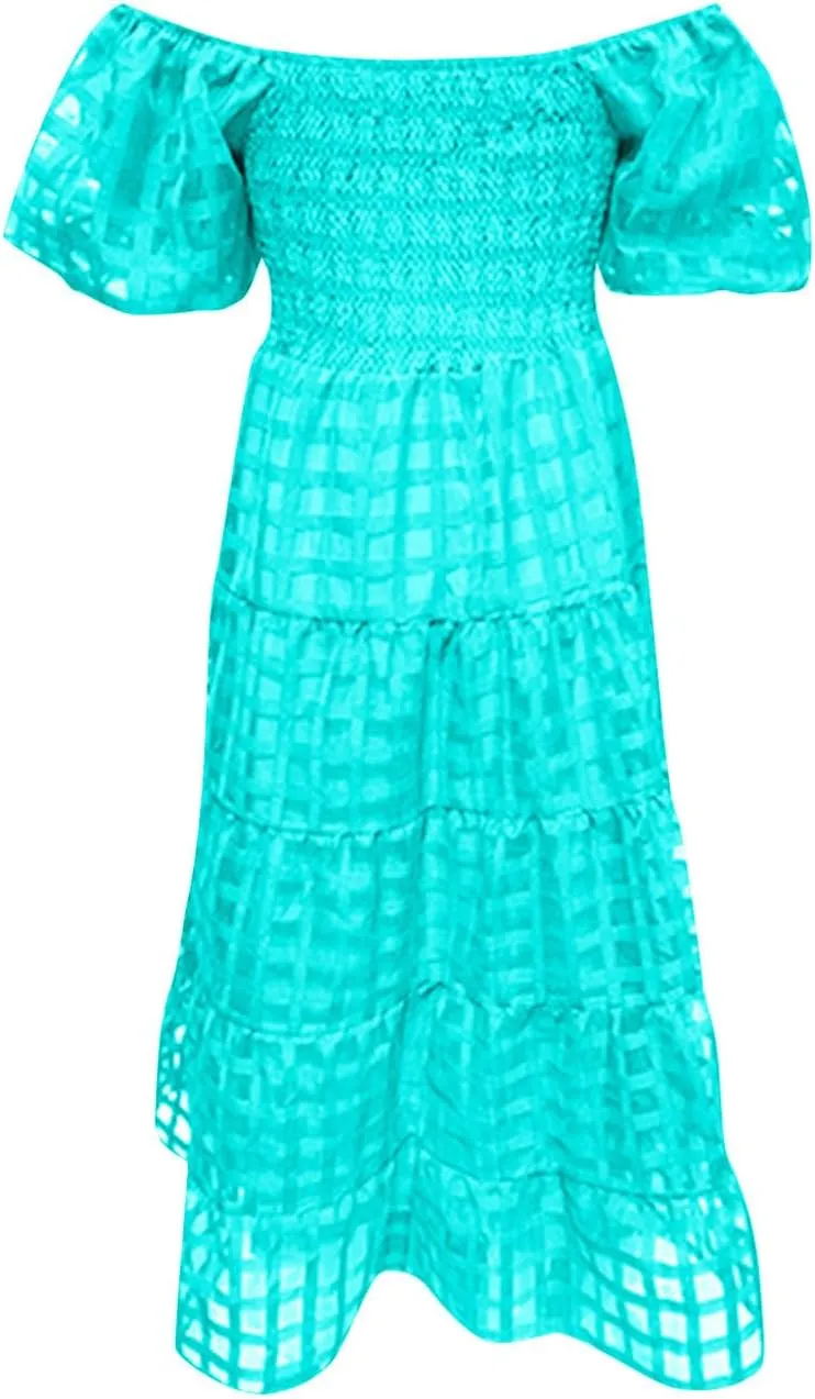 Women's Summer Dresses 2024 Puff Sleeve Plaid Square Neck High Waist Smocked Dress Loose Fit A-Line Flowy Midi Dress
