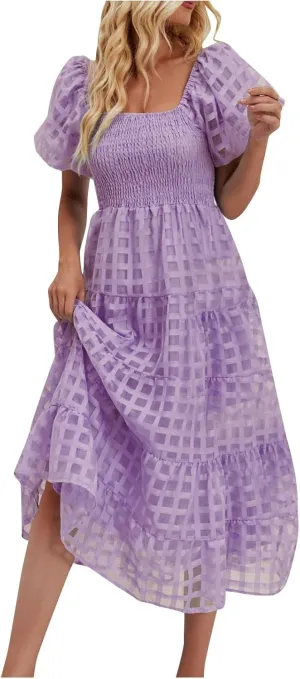 Women's Summer Dresses 2024 Puff Sleeve Plaid Square Neck High Waist Smocked Dress Loose Fit A-Line Flowy Midi Dress